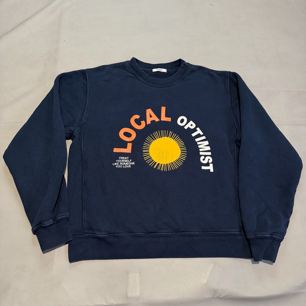 Madhappy Local Optimist Crewneck Sweatshirt Navy Blue Sun Graphic Women-S-7306